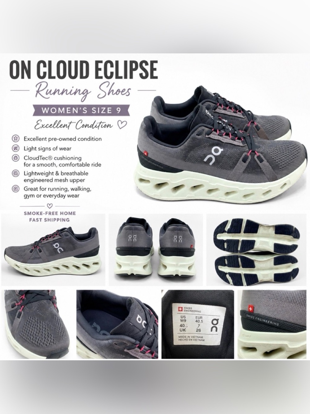 On Running Cloud Eclipse Women's Running Shoes — Gray with Cream Sole